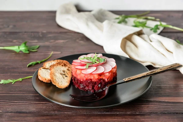 Plate Delicious Tartare Salad Wooden Table — Stock Photo, Image