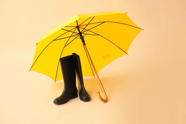 Stylish Umbrella Rubber Boots Color Background — Stock Photo, Image