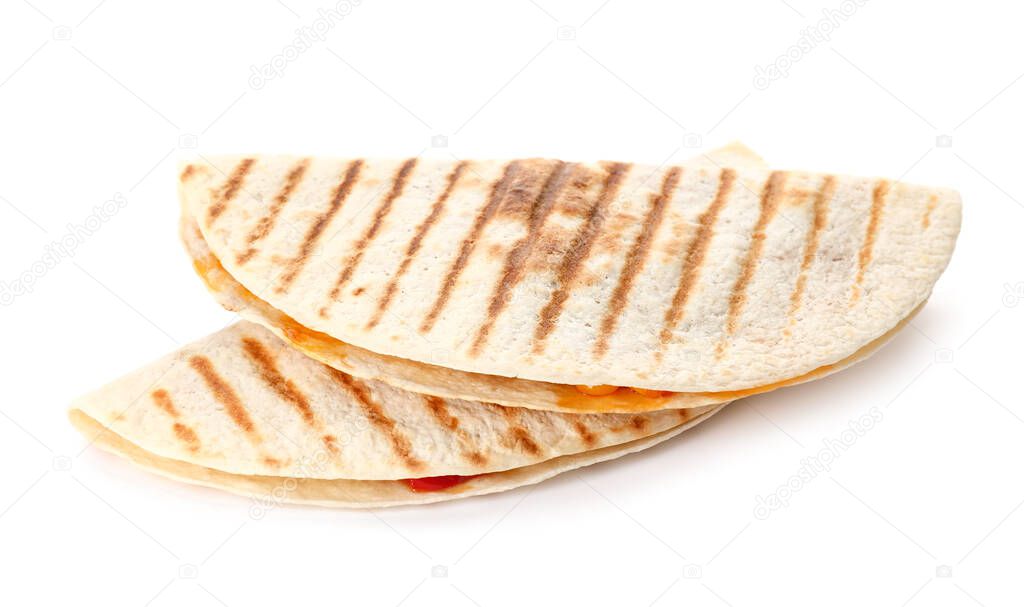 Tasty quesadillas on white background