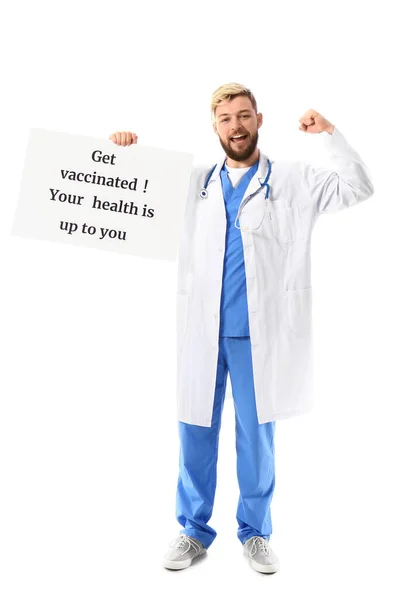 Γιατρός Κρατώντας Αφίσα Κείμενο Πάρει Vaccinated Υγεία Σας Εξαρτάται Από — Φωτογραφία Αρχείου