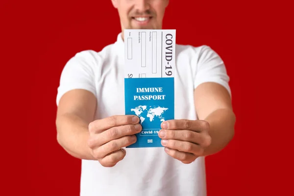 Young Man Immune Passport International Certificate Vaccination Color Background Closeup — Stock Photo, Image