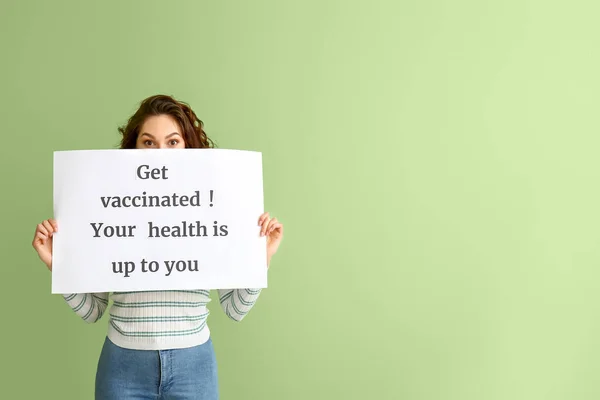 Young Woman Holding Poster Text Get Vaccinated Your Health You — Stock Photo, Image