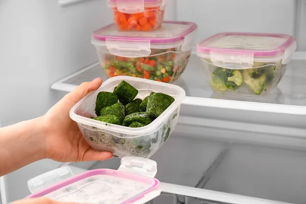 Woman Container Spinach Refrigerator — Stock Photo, Image