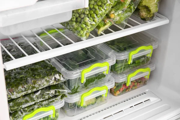 Containers Plastic Bags Vegetables Refrigerator — Stock Photo, Image