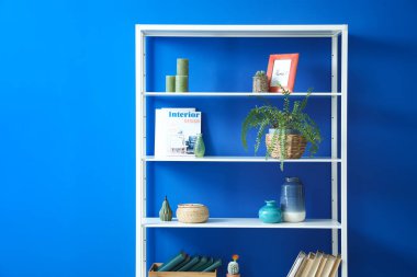 Renk duvarına yakın dekorlu modern kitap rafı