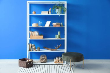 Renk duvarına yakın dekorlu modern kitap rafı