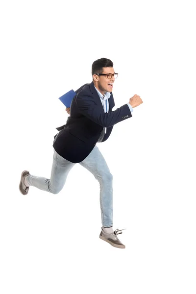 Springen Knappe Man Met Klembord Witte Achtergrond — Stockfoto
