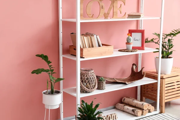 Renk duvarına yakın dekorlu modern kitap rafı