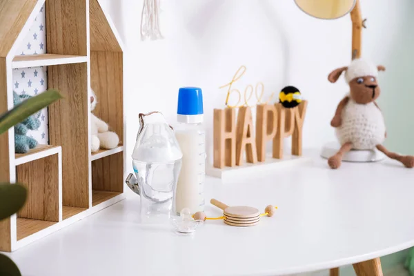 Bottles Milk Baby Toys Table Room — Stock Photo, Image