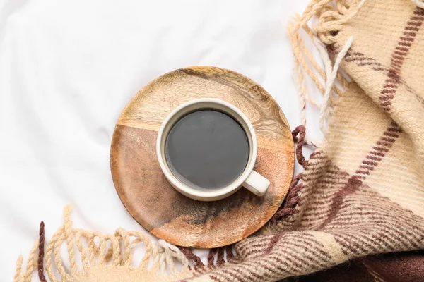 Cup Coffee Plaid Bed — Stock Photo, Image