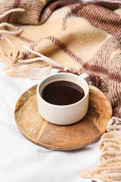 Cup Coffee Plaid Bed — Stock Photo, Image