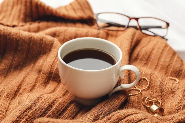 Cup Coffee Sweater Bed Closeup — Stock Photo, Image