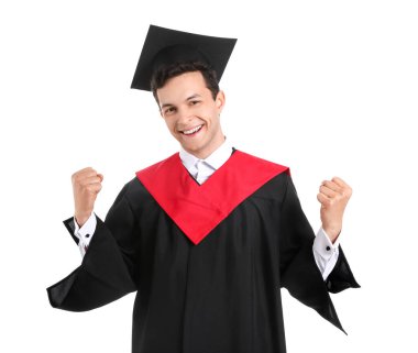 Beyaz arka planda mutlu mezun öğrenci