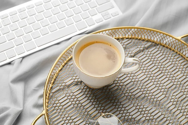 Tray Cup Coffee Computer Keyboard Bed — Stock Photo, Image