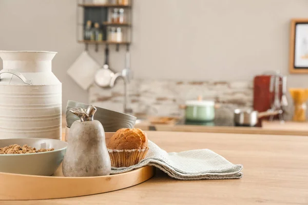 Tray Tasty Cereals Muffin Table Kitchen — Stock Photo, Image