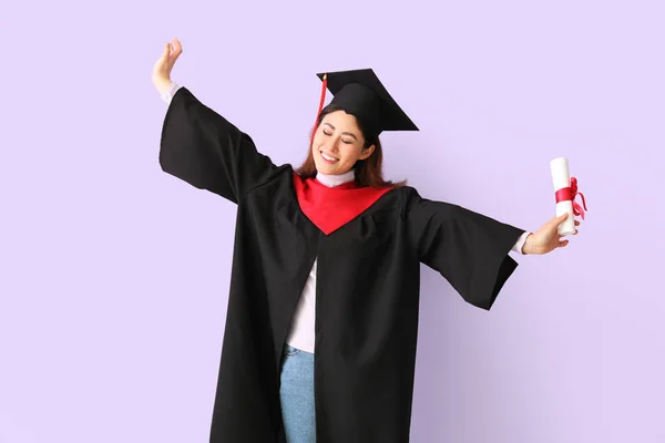Estudante Graduação Feliz Sexo Feminino Com Diploma Sobre Fundo Cor — Fotografia de Stock