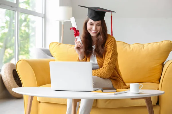 Happy Female Student Her Graduation Day Home Concept Studying Online — Stock Photo, Image