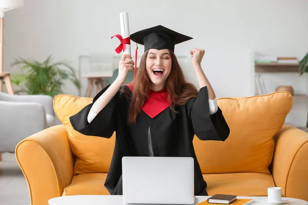 Happy Female Student Her Graduation Day Home Concept Studying Online — Stock Photo, Image