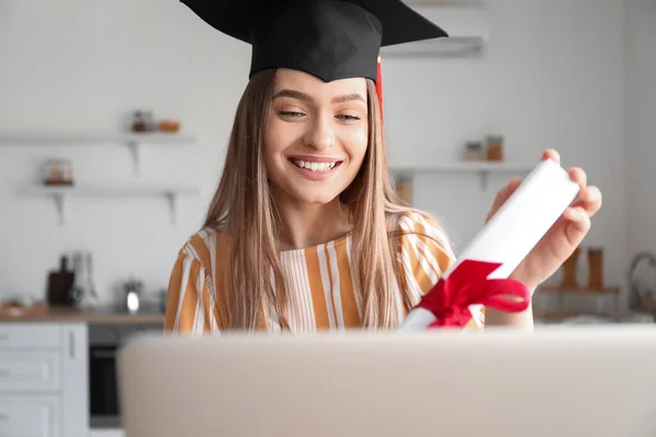 Happy Female Student Her Graduation Day Home Concept Studying Online — Stock Photo, Image