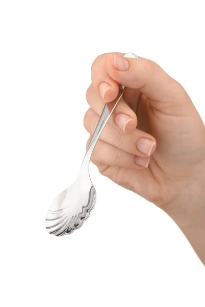 Vrouwelijke Hand Met Schone Lepel Witte Achtergrond — Stockfoto