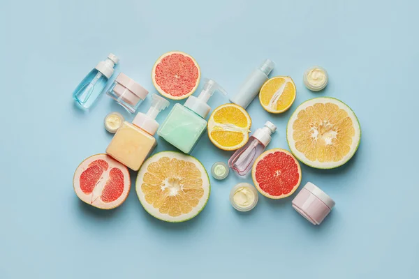 Natural Cosmetic Products Citrus Fruits Color Background — Stock Photo, Image