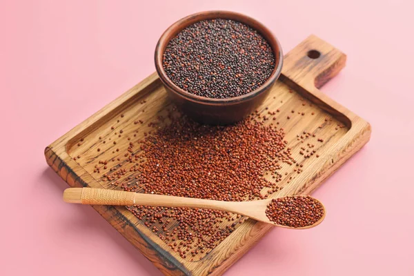 Bowl Spoon Healthy Quinoa Color Background — Stock Photo, Image