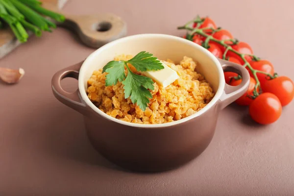 Pot Tasty Cooked Lentils Color Background — Stock Photo, Image