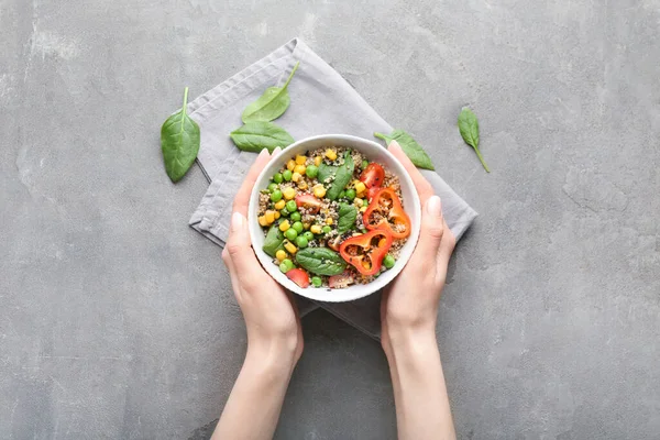 Female Hands Healthy Quinoa Salad Bowl Grunge Background — Stock Photo, Image