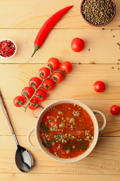 Maceta Sabrosa Sopa Lentejas Mesa — Foto de Stock