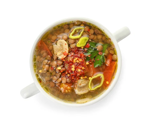 Pot Tasty Lentil Soup White Background — Stock Photo, Image