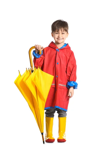 Cute Little Boy Umbrella White Background — Stock Photo, Image