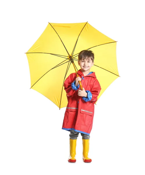 Bonito Menino Com Guarda Chuva Fundo Branco — Fotografia de Stock