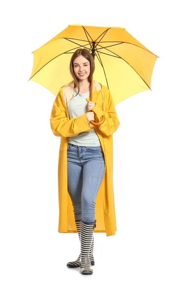 Stylish Young Woman Raincoat Umbrella White Background — Stock Photo, Image