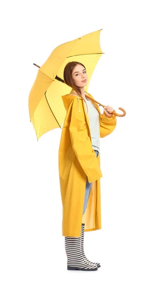 Jeune Femme Élégante Imperméable Avec Parapluie Sur Fond Blanc — Photo