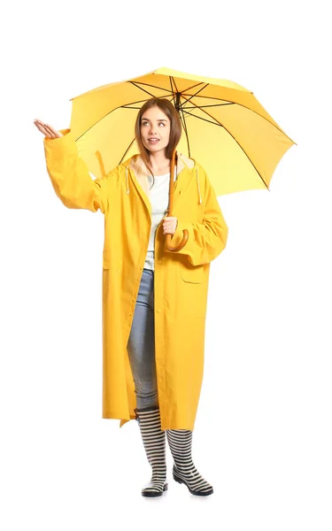 Stylish Young Woman Raincoat Umbrella White Background — Stock Photo, Image