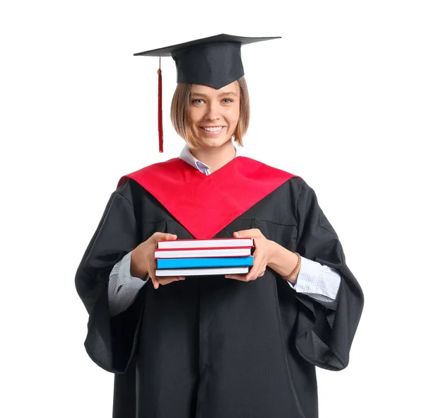 Estudante Graduação Sexo Feminino Com Livros Sobre Fundo Branco — Fotografia de Stock