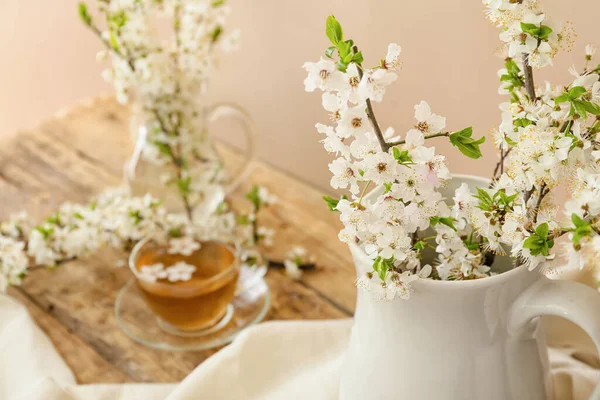 Cup Tasty Tea Vase Blooming Branches Wooden Table — Stock Photo, Image