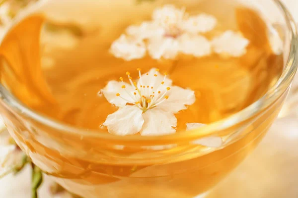 Copo Com Chá Saboroso Flores Árvores Fruto Florescentes Close — Fotografia de Stock