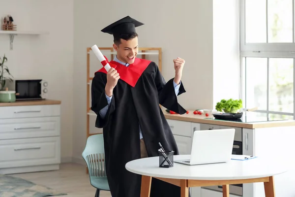 Happy Male Student His Graduation Day Home Concept Online Education — Stock Photo, Image