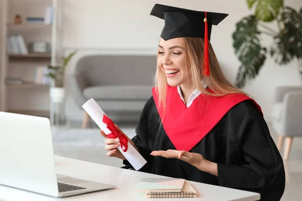 Happy Female Student Her Graduation Day Home Concept Online Education — Stock Photo, Image