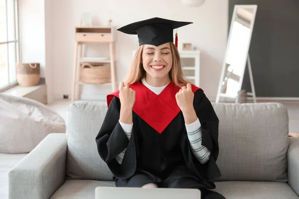 Happy Female Student Her Graduation Day Home Concept Online Education — Stock Photo, Image