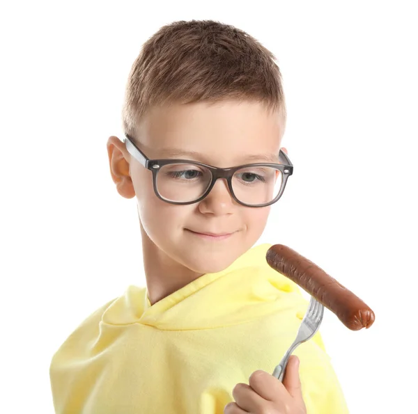 Menino Com Salsicha Saborosa Fundo Branco — Fotografia de Stock