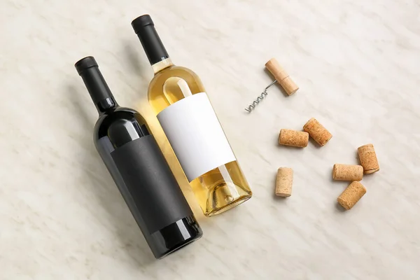 Bottles Wine Corks Corkscrew Light Background — Stock Photo, Image
