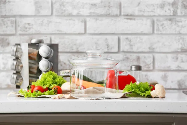 Stylish Cooking Pot Fresh Vegetables Counter Kitchen — Stock Photo, Image