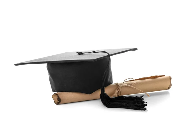 Graduation Hat Diploma White Background — Stock Photo, Image