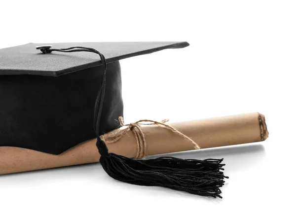 Chapéu Graduação Com Diploma Fundo Branco — Fotografia de Stock
