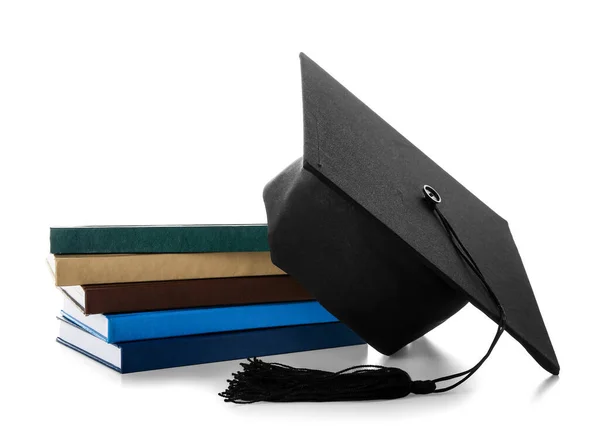 Graduation Hat Books White Background — Stock Photo, Image