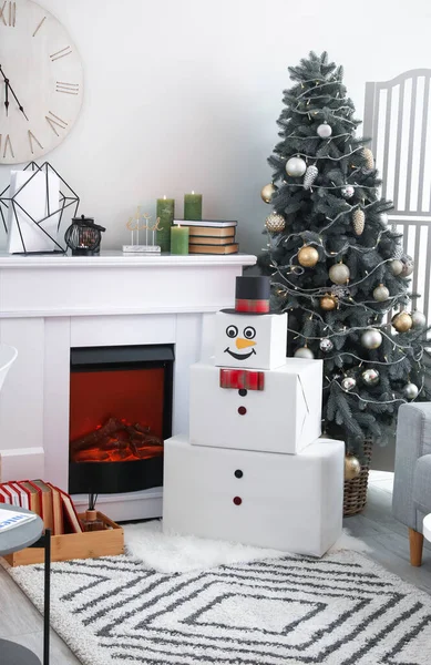 Funny Snowman Living Room Decorated Christmas — Stock Photo, Image