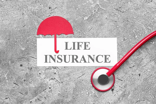 Text Life Insurance Umbrella Stethoscope Grunge Background — Stock Photo, Image