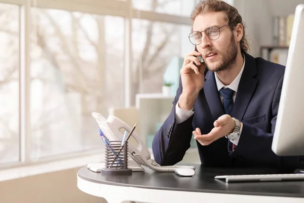 Handsome Young Man Talking Mobile Phone Office — Stock Photo, Image